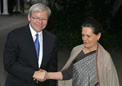 Congress President Mrs Sonia Gandhi with Australian PM Mr Kevin Rudd at New Delhi on 12 Nov 2009